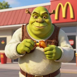 fat shrek eating chicken wings outside of mcdonald ’ s in real life, realistic, detailed, 8 k, 4 k uhd, hyper realistic, great detail