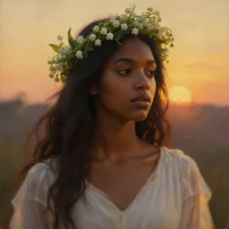 oil painting close up portrait of a contemplative young black woman with long dark flowing hair in a white dress, wearing a crown of lilies of the valley at sunset, hazy, digital art, chiaroscuro, artstation, cinematic, golden hour, digital art painting by greg rutkowski, william - adolphe bouguereau, hazy atmosphere, cinematic lighting