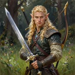 a beautiful portrait of an epic fantasy style mystical forest elf man with long blond hair holding a epic steel elven sword and a dagger with a bow strapped across his chest in the midst of a grassy meadow, oil painting, Greg Rutkowski, Charlie Bowater, swordsman, unreal 5, DAZ, hyperrealistic, octane render, RPG portrait, dynamic lighting, fantasy art, beautiful face
