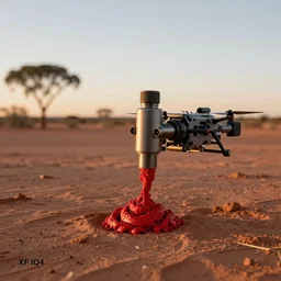 industrial extrusion nozzle on flying radio controlled drone, extruding red clay mixture, in the australian desert,  XF IQ4, 150MP, 50mm, F1.4, ISO 200, 1/160s, dawn