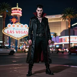 full body portrait of a punk vampire on the Las Vegas strip at night, cinematic, hyper realism, high detail, octane render, 8k, CGsociety, concept art
