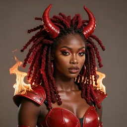 african queen, red afro dreadlocks on fire, beautiful face, red demon armor, inspired by artgerm