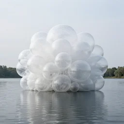 white bubble cluster building, on the calm water, designed by antti lovag