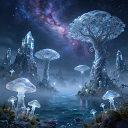 glass mushrooms, archipelago, alien world, nebula, ocean, storm, crystal mountains, spiral trees, vast dragon trees, crystal banyans, transparent domes, stars, fog, trending on artstation, by pixar, cg render, roger dean, pascal blanche