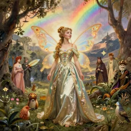a beautiful fairy wearing a silk gown, in a lord of the rings scenery landscape, rainbowshift, by maxfield parrish, alphonse mucha, brian froud, artgerm