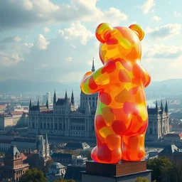stunning painting of an oversized colorful translucent gummy bear behind parliament towering over panoramic budapest, destroying buildings, hyperdetailed illustration, by artgerm, artstation, unreal engine 5 photorealistic