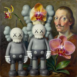 3 d amazonian psychedelic harvested orchids by kaws, james jean and salvador dali and shusei nagaoka, textured oil on canvas, expanded surrealism, neoclassicism, renaissance, depth of field, hyper realistic, cell shaded, metallic reflections, physically based rendering, 8 k