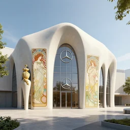 mercedes exhibition center exterior designed by antoni gaudi, and concept art by artgerm, greg rutkowski, alphonse mucha