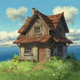 little house in the middle of the sea, anime style, art by studio ghibli