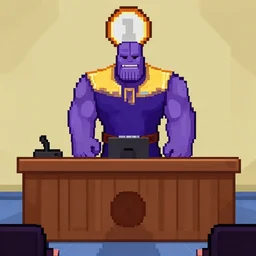 Thanos in a Phoenix Wright game, court, witness stand, pixel art