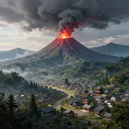 a powerful japanese village high in mountains, fanart artstation global illumination rtx hdr fanart arstation 3 d, volcano, evil smog, concept art by greg rutkowski and laurie greasley, fantastic landscape, 8 k, cinematic color grading