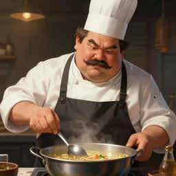 A fat chef with a big mustache proundly making a soup, digital painting, artstation, concept art, Craig Mullins, Breathtaking, 8k resolution, extremely detailed, beautiful, establishing shot, artistic, hyperrealistic, octane render, cinematic lighting, dramatic lighting, masterpiece, light brazen, extremely detailed and beautiful face