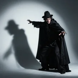 menacing figure of magician with black cloak casting a shadow