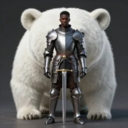 black man knight with sword on white bear symmetrical realistic fantasy