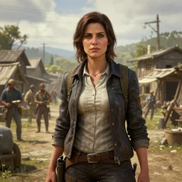 fallout 5, a charismatic beautiful humble rugged brunette female mayor character, portrait, outdoors small settlement, atmospheric lighting, painted, intricate, volumetric lighting, beautiful, daytime, sunny weather, slight overcast, sharp focus, deep colours, ultra detailed, by leesha hannigan, ross tran, thierry doizon, kai carpenter, ignacio fernandez rios