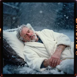 kodak portra 4 0 0, wetplate, dynamic, motion blur, award - winning portrait by britt marling of a sleepwalking helpless desperate old man in bathrobe during a blizzard, snowflakes,