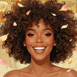 portrait of a smiling beautiful black woman who looks like janelle monae with big curly afro surrounded by falling flower petals by argerm and by alphonse mucha, face by wlop, full color digital illustration trending on artstation, octane render