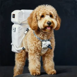 a golden doodle astronaut, large scale painting by robert mccall and vladimir kush