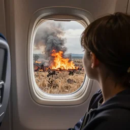 passenger looking a wildfire on dry ground at window in airplane
