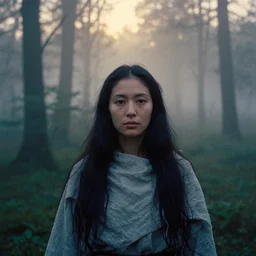 portrait bust of woman, tarkovsky, film grain, kodachrome, dense forest, long black hair, cloth, heavy fog, hudson river school, 4 k, dramatic lighting, sunrise, hayao miyazaki, masashi ando, nizou yamamoto, kazuo oga, joe hisaishi, yoji takeshige, naoya tanaka