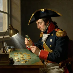 general simon bolivar in his uniform with a bicorn napoleonic hat, he sit in a low illuminated jewelry laboratory crafting gold medallets shaped as little fishes, in one hand he has a magnifier, on the desk there are medals shaped as little fishes, rays of light entering from a window illuminating the desk, renaissance oil painting