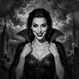 By Tom Bagshaw, ultra realist soft painting of a gothic crypt by night, Female vampire smile and dressed, horror, omnious sky, symmetry accurate features, very intricate details, black and white, volumetric light clouds