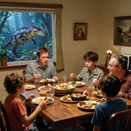 a family of frankensteins enjoying microwave dinners in their dining room while a dimetrodon looks in through their window