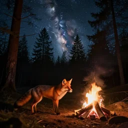 humanoid fox lighting a camp fire in the middle of the forest at night, you can see the milkyway in the sky, conceptual art