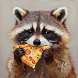 an adorable and cute jeremiah ketner acrylic impasto! painting! of a crying, sad raccoon eating pizza