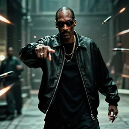 snoop dogg as neo from the matrix dodging bullets, iconic movie scene, high resolution photo, trending on art station