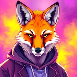 portrait of a cool and stylish anthropomorphic anthro male fox fursona, wearing a hoodie, vibrant colors, vaporwave art style
