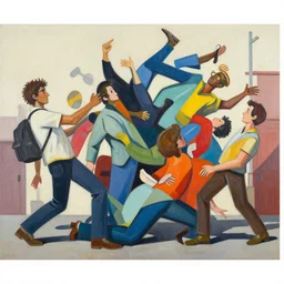 greg manchess portrait people stumbling over each other falling, profile picture, organic painting, sunny day, matte painting, bold shapes, hard edges, street art, trending on artstation, by huang guangjian, gil elvgren, ruan jia, randy vargas, greg rutkowski