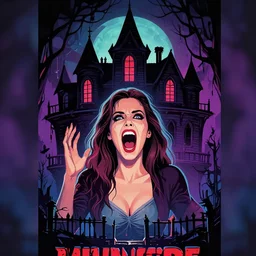 a movie poster, 1980, vector art, horror movie staring miranda kerr screaming, haunted house themed, by synthwave cyberwave