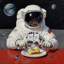 An astronaut on the moon without his helmet eating garlic bread with knife and fork on top of a red table and earth in the background,oil painting