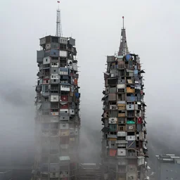 two towers, made up of makeshift squatter shacks, uneven dense fog, dystopia, hasselblad x 1 d, fully frontal view, very detailed, ultra sharp, photographed by jeanette hagglund and ansel adams