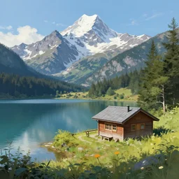 digital painting of mountain lake cabin by Shinji Aramaki , trending on artstation