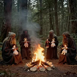 old forest hermits holding voodoo dolls around a wildly lit campfire in an ominous forest, 1 9 0 0 s photography