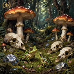 detailed sharp focus, goblincore forest, mushrooms, frogs, snails, bones, bird skulls, shiny rocks, artwork by Victor Adame Minguez + Yuumei + Tom Lovell + Sandro Botticelli,