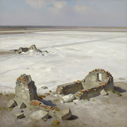 salt flats with scattered ruins, extremely detailed oil painting, sargent and leyendecker, savrasov levitan polenov, bruce pennington, tim hildebrandt, digital art, landscape painting, trending on artstation, masterpiece