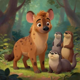 a beautiful painting of a cute brown hyena and a gray otter in a forest. disney character design by cory loftis, fenghua zhong, ryohei hase, ismail inceoglu and ruan jia. artstation, volumetric light, detailed, photorealistic, rendered in octane