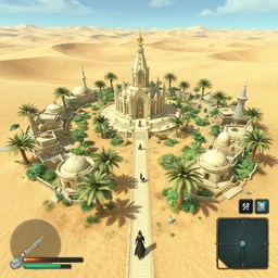 an isolated inhabited religious warrior village with pale colored spiritual sacred alien architecture in the lush oasis of a vast sand desert, 3 rd person game, screenshot, gameplay, walkthrough, kh 3, tales of arise, ff 7 remake, square enix, jrpg, cutscene, unreal engine, 4 k, rtx, next gen, tech demo