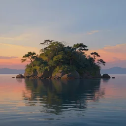 a beautiful landscape painting of an island in a tranquil sea, reflections, sunset, hyper detailed, digital art, trending in artstation, cinematic lighting, studio quality, smooth render, unreal engine 5 rendered, octane rendered, art style by kurzgesagt and nixeu and ian sprigger and wlop and krenz cushart and kim jung gi and greg rutkowski