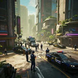 cyberpunk style city, many police, 8 k, cg, sunlight, cinematic, highly detailed, ultra detailed, trending on artstation, unreal engine, zbrush by pete amachree
