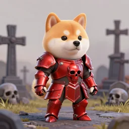 anthropomorphic shiba inu, red metal skullknight armor, standing, graveyard of skulls tombs crosses, fantasy 3 d render, masterpiece, light aura, by donato giancola and greg rutkowski and wayne barlow and zdzisław beksinski, shiba inu realistic face