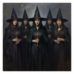 oil painting of a group of witches