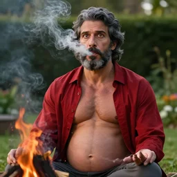 mr robert smoke weed and meditate near the campfire in the garden, he has dark grey hairs, detailed glad face, muscular chest, pregnant belly, golden hour closeup photo, red elegant shirt, eyes wide open, ymmm and that smell