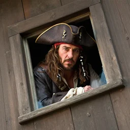slanted up angle, russell crowe as javert with enormous pirate captain hat peering out concerned down to camera from a small glass window in a wooden wall, 2 0 1 2