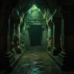dimly lit cave passage in an ancient underground temple, trending artstation, green ambience, wet