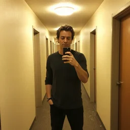 a seemingly endless series of hallways with no natural lighting, LED yellow-tinted ceiling lighting, simple wallpaper, and a dirty carpet that extends throughout the entire system of hallways, Johnny Bravo!!!!! is standing in the hallway taking a selfie, close-up photo