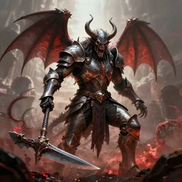 buff armored demon with scythe, bringer of doom and despair, epic splashart, cinematic, wideshot, wrath, color palette of anger, depth of field, by greg rutkowski, peter mohrbacher, craig mullins. letterbox. film